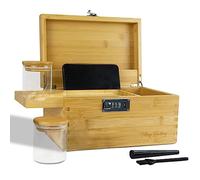 Viking Factory Large Bamboo Storage Organizer with Lock, Detachable Tray & Compartments, Includes Glass Jars & Spice Mill - Ideal Home & Kitchen Organisation Gift