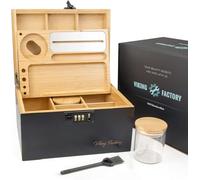 Viking Factory® Large Lockable Bamboo Storage Box with Combination Lock, Decorative Organizer for Jewelry, Medicine & Tools, Includes Tray, Glass Jars & Accessories