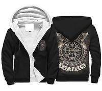 Viking Fleece Hooded Sweatshirt Thick Pullover Hoodies Winter Hoodies For Men Outdoor Athletic Hoodies Zip Up Jacket(Black,3XL)