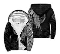 Viking Fleece Lined Hoodies Nordic Raven Graphic Hoodies Fleece Sweatshirt Thick Zip Up Hoodies Athletic Hoodies(White,XL)