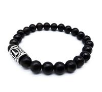 Viking Futhark Rune Gemstone Bracelet (18/21 cm, Women/Men) in Gift Box, Protection Happiness, Energy, 18 cm Innenumfang, Stainless steel with obsidian