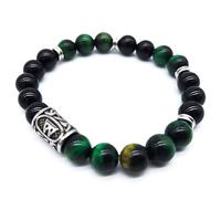 Viking Futhark Rune Gemstone Bracelet (18/21 cm, Women/Men) in Gift Box, Protection Happiness, Energy, 18 cm Innenumfang, Gemstones (Green Tiger's Eye, Onyx)