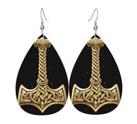 Viking Golden Hammer Crow Knotwork Art Dangle Earrings Lightweight Leather Earrings Printed Earring For Beach Women