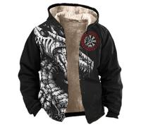 Viking Hoodie Men's Thick Fleece Zip-Up Jacket, Streetwear Style with Nordic Mythology Print, Warm Winter Sweatshirt with Long Sleeves, Viking Clothing for Cosplay and Motorcycle, black, 4XL