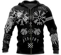 Viking Hoodies Pullover Norse Runes Vegvisir And Odin's Raven Pattern Zip Hoodies Casual Hoody Sweatshirt Streetwear (Color : Zipper Hoodie, Size : L)