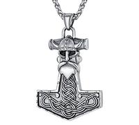 Viking Jewellery Thor's Hammer Necklace for Men, Women Stainless Steel Odins Helmet Pendant Mythology Jewelry Charm - Silver Norse Mjolnir Protective Neck Chain