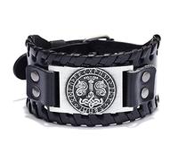 Viking Leather Bracelet, Nordic Thor's Hammer Bracelet, Odin Runes Totem Wide Wristband, Celtic Knot Cuff Bangles, Handmade Braided Bracelet, Vintage Cowhide Bracelet for Men Women (Black)