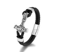 Viking Leather Bracelet Thor's Hammer - Stainless Steel Mjölnir Bracelet with Magnetic Closure - Nordic Mythology Jewellery for Men & Women - Viking Biker Medieval Accessory (19/21/23 cm), 21 cm Länge