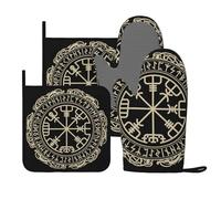 Viking Magical Runic Compass Oven Mitts and Pot Holders Set of 4 Silicone Heat Resistant Oven Mitten Potholders Non Slip Gloves Kitchen Decor for BBQ Cooking Grilling Baking