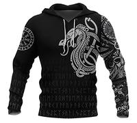 Viking Men Hoodie, 3D Print Norse Mythology Celtic Dragon Tattoo Graphic, Men's Casual Athletic Loose Fit Pullover,Hoodie,XXL