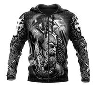 Viking Men's Hoodie Retro Warrior Pullover Norse Mythology Tattoo Sweatshirt Oversized Fall Jacket,Odin Raven Zipper,XXL