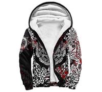 Viking Men's Winter Fleece Hoodies for Men Norse Mythology Tattoo Heavyweight Warm Thick Full Zip up Sweatshirt Outerwear(Blood Raven,L)
