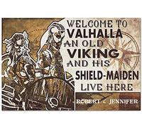Viking Metal Tin Sign,Welcome to Valhalla an Old Viking and His Shield Maiden Live Here Fun Home Metal Poster Sign for Bar Kitchen Cafe Farmhouse Wall Decor 12x8 inch