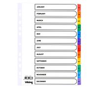 Viking Mylar Jan - Dec Alphabetical Dividers A4 Assorted 12 Part Cardboard 11 Holes Mylar