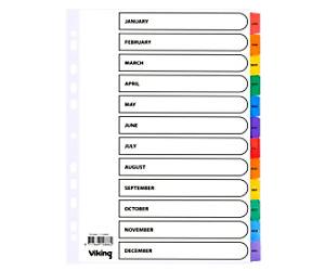 Viking Mylar Jan - Dec Alphabetical Dividers A4 Assorted 12 Part Cardboard 11 Holes Mylar