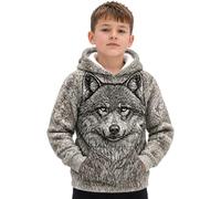 Viking Pullover Children, Halloween Jumper Boys Long Sleeve Hooded Sweatshirt with Fleece Wolf Print Leisure Jacket Vintage Medieval Nordic Mythology Sweat Jacket for Carnival
