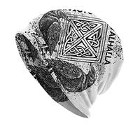 Viking Raven Printed Beanies Caps for Men Women - Norse Mythology Celtic Knot Crow Totem Elastic Bonnet Hats White