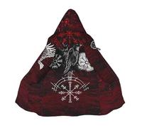 Viking Raven Tattoo Faux Cashmere Cloak, 3D Print Thickened Warm Hooded Jacke, Horn Button Winter Warm Parka(Odin Crow Red,XXL)