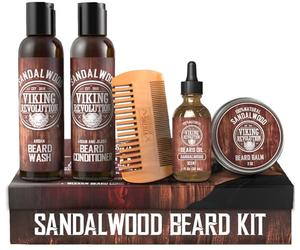 Viking Revolution - Beard Kit - Softens, Smoothes and Soothes Itchy - Includes Wash, Conditioner, Oil, Balm and Comb - Sandalwood - Gift Man