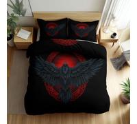 Viking Runes Circles Crows Printed Duvet Cover 230 x 220 cm for Kids Teenagers Adults, Black Bedding Set, Soft Breathable Comforter Reversible King Duvet Cover with Pillow Case