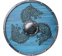 Viking Shield, Medieval Round Wooden Shield with Celtic Dragon Design, Blue and Gray, Decorative Wall Art