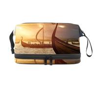 Viking Ships on The Water Double Layer Cosmetic Bag for Women and Girls, Travel Toiletry Bag Makeup Handy Pouch Organiser Bag with Brush Compartment