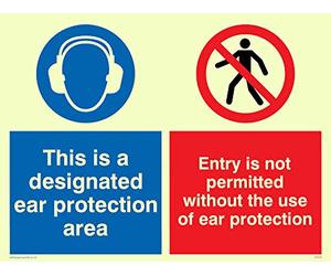 Viking Signs CP276-A5L-PV "This Is A Designated Ear Protection Area, Entry Is Not Permitted Without The Use Of Ear Protection" Sign, Photoluminescent Vinyl Sticker, 200 mm H x 150 mm W