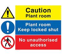 Viking Signs CV5295-A5L-1M "Caution Plant Room, Plant Room Keep Locked Shut, No Unauthorised Access" Sign, 1 mm Plastic Semi-Rigid, 200 mm H x 150 mm W