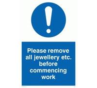 Viking Signs MH200-A6P-V "Please Remove All Jewellery Etc. Before Commencing Work" Sign, Vinyl, 150 mm H x 100 mm W