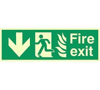Viking Signs SG698-L31-PV"Fire Exit" Running Man Left Down Arrow Sign, Photoluminescent Sticker, 100 mm H x 300 mm W,Green