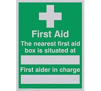 Viking Signs SX467-A5P-SV "First Aid The Nearest First Aid Box Is Situated At First Aider In Charge" Sign, Silver Vinyl, 200 mm H x 150 mm W