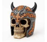 Viking Skull Helmet Statue - Gothic Resin Warrior Skull Ornament with Horned Helmet - Medieval Fantasy Decor for Home, Office, Halloween, or Gifts (JR1387)
