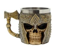 Viking Skull Warrior Mug with Axe Handle - 3D Gothic Skull Helmet Design, Resin Exterior with Stainless Steel Inner, Medieval Fantasy Coffee Beer Cup for Men, Home Bar or Collectors