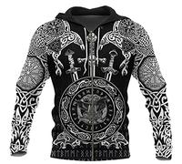 Viking Style Hoodie, 3D Print Norse Mythology Mjolnir Tattoo Graphic, Men's Casual Athletic Streetwear,Zip Hoodie,5XL