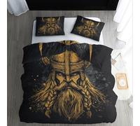 Viking Super King Duvet Cover, Black Gold Warrior Bedding 260x220cm, Soft Microfiber Reversible Comforter Cover + 2 Pillow Cases, Zipper Closure, Room Decor H-1