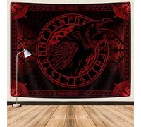Viking Tapestry, Norse Viking Raven Crow Meditation Runes Wall Ancient Art Red Tapestry Wall Hanging, Viking Greek Mythology Aesthetic Gothic Tapestry for Bedroom Living Room Dorm Poster, 60X40Inch