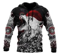 Viking Tattoo Chained Fenrir Wolf Mens Pullover Hoodie Norse Odin Raven Casual Long Sleeve Sweatshirt Retro Street Jacketa(Fenrir Wolf hoodie,XL)