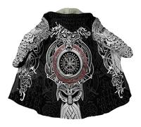 Viking Tattoo Fenrir Wolf Men's Winter Warm Hooded Cloak Ragnarok Norse Mythology Cashmere Parka Harajuku Jacket Retro Coat(Viking tattoo Parka,5XL)