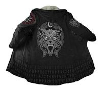 Viking Tattoo Fenrir Wolf Winter Thickened Warm Hooded Parka Retro Cashmere Cloak Harajuku Jacket Norse Casual Coat(Moon wolf,L)