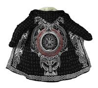 Viking Tattoo Fenrir Wolf Winter Thickened Warm Hooded Parka Retro Cashmere Cloak Harajuku Jacket Norse Casual Coat(Fenrir wolf,5XL)