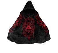 Viking Tattoo Men's Winter Warm Hooded Cloak, 3D Print Zip Sherpa Hoodie, Mid Length Parka Casual Robe Medieval Jacket(ValknutRAVEN PARKA,S)