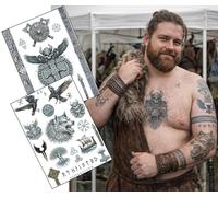 Viking Temporary Tattoo Set - Large Chest & Armband Warrior Tattoos - Realistic Norse Wolf, Odin & Rune Designs - Viking Cosplay Costume Fancy Dress Body Art (2x A4 Sheets) Faded under-the-skin fx