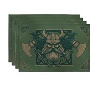 Viking Themed Placemats, Dark Green Rustic Table Decor for Dining, Non-Slip Washable Indoor Outdoor Party Decorative Mats Set of 4