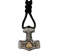 Viking Thor's Hammer Necklace Two Tone 925 Sterling Silver Mjolnir Pendant with Air Element Norse Mythology Jewelry for Men Women Black Cord