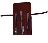 Viking Traders Hand-Forged Blacksmith Medieval Dining Hall Eating/Feasting Utensils Set of 3 Piece Functional Fork Knife and Spoon Medieval Eating Set, with Genuine Leather Pouch for Easy Carrying.