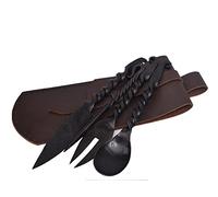 Viking Traders Hand-Forged Medieval Twisted Dining Hall Eating/Feasting Utensils Set of 4 Piece Functional Fork Knife Spoon and Food Stick Medieval Eating Set, with Genuine Leather Pouch for Carrying