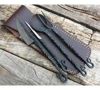 Viking Traders Medieval Hand-Forged Dining Set, 4-Piece Twisted Utensils with Leather Pouch, Black