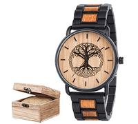 Viking Tree of Life Quartz Analog Wooden Wrist Watch, Handmade Engraved Nordic Vintage Fashion Watches with Norse Gift Box. (Black)