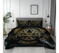 Viking Valknut & Runes Duvet Cover Set - Black Microfibre Bedding with Golden Symbols and Crow Design, Reversible Double Size Comforter Cover with Zipper & Ties, 3-Piece Set with 2 Pillowcases