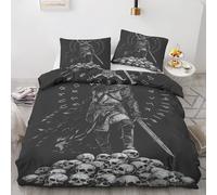 Viking Warrior King Duvet Cover Set 3 Pieces - Gothic Skull Quilt Cover with 2 Pillowcases 50x75cm, Reversible Soft Microfiber Bedding Set with Zipper Closure 230x220 cm
